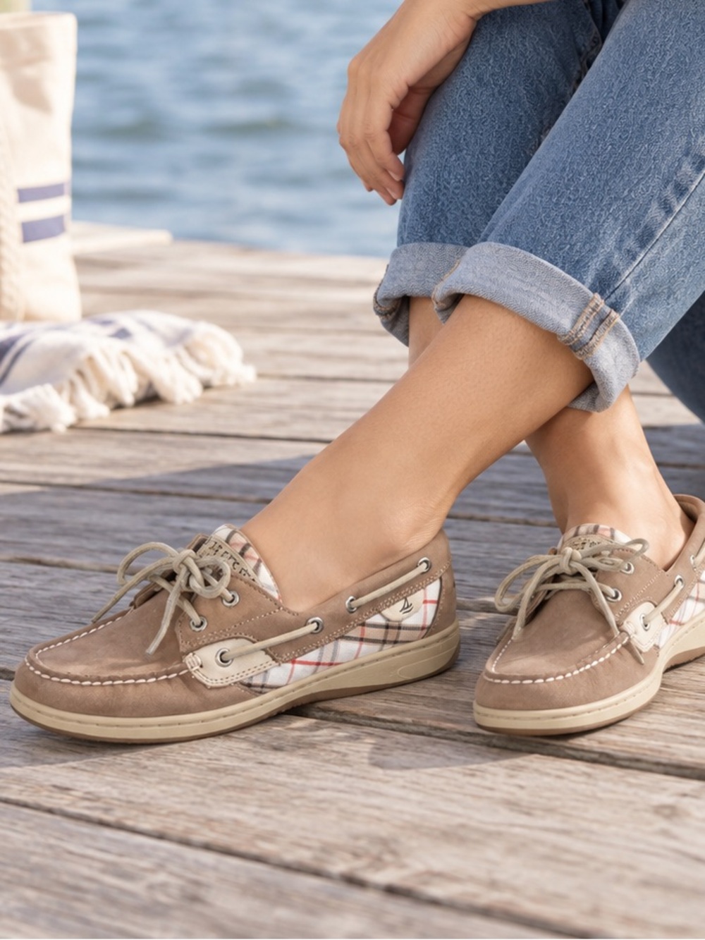 Sperry Top-Sider Women’s Boat Shoes Size 9 Tan Leather Plaid Classic